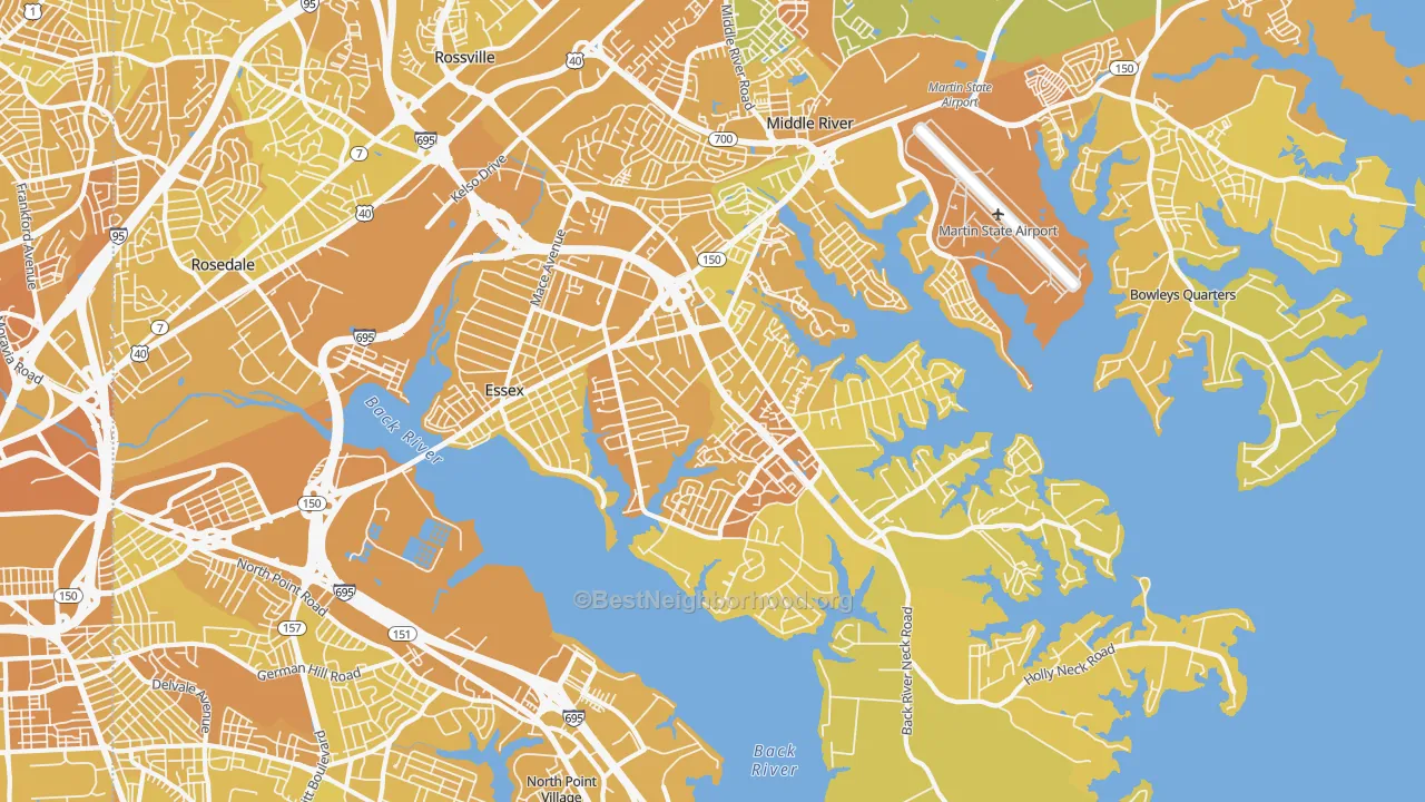 Map of the best neighborhoods in the Essex area, with better matches in green and worse matches in red