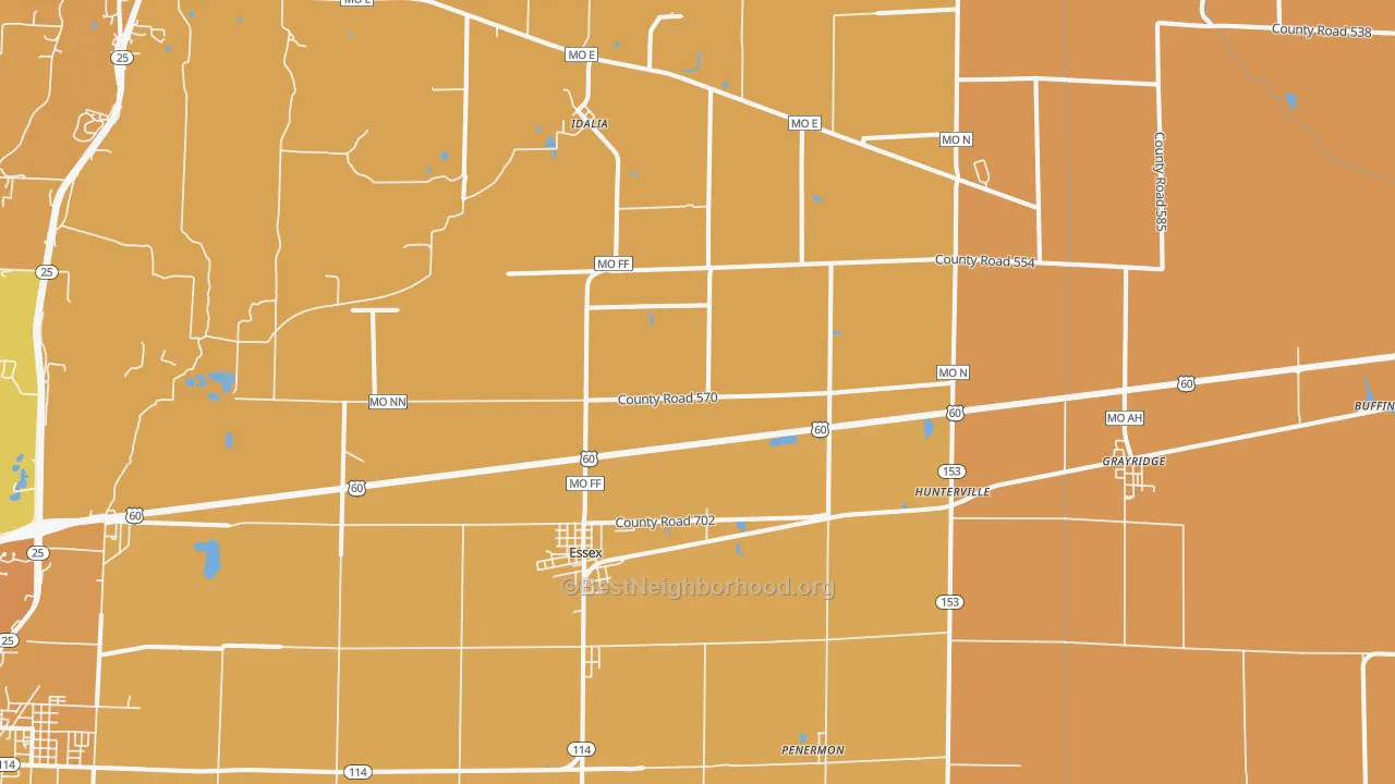 Map of the best neighborhoods in the Essex area, with better matches in green and worse matches in red