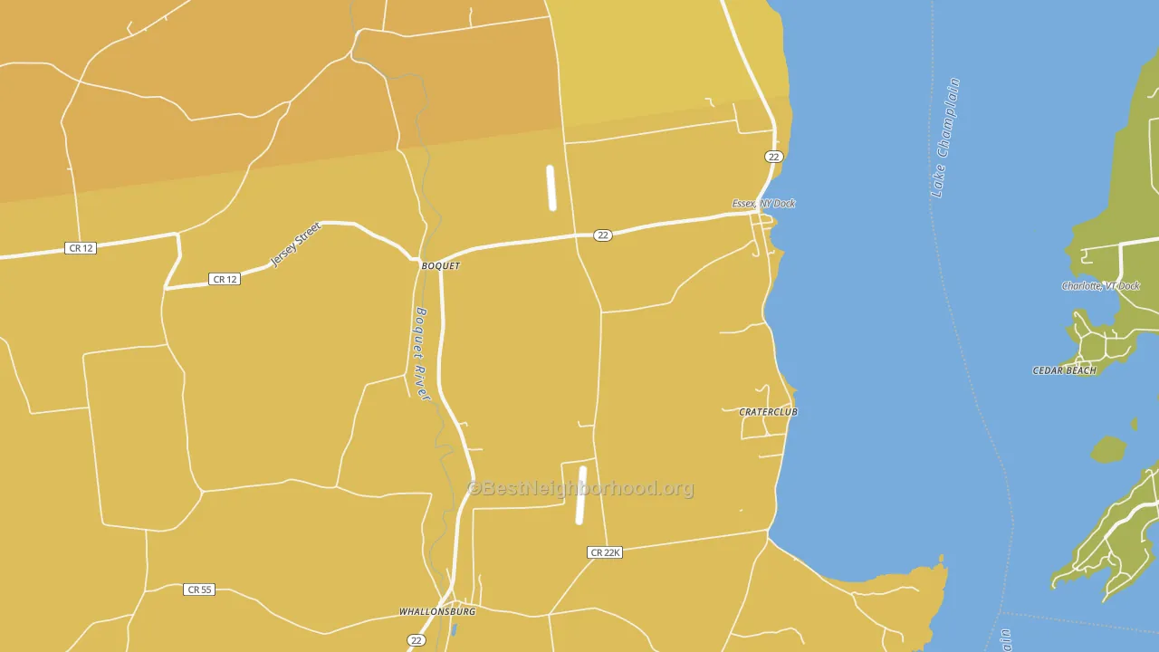 Map of the best neighborhoods in the Essex area, with better matches in green and worse matches in red