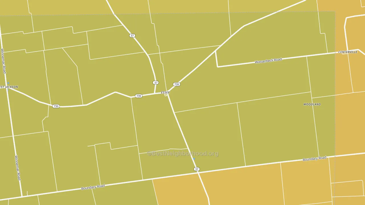 Map of the best neighborhoods in the Essex area, with better matches in green and worse matches in red
