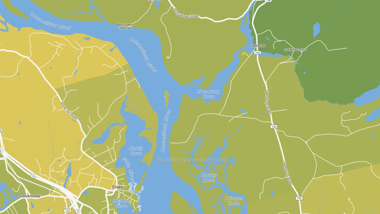 Map of the best neighborhoods in the Essex Village area, with better matches in green and worse matches in red