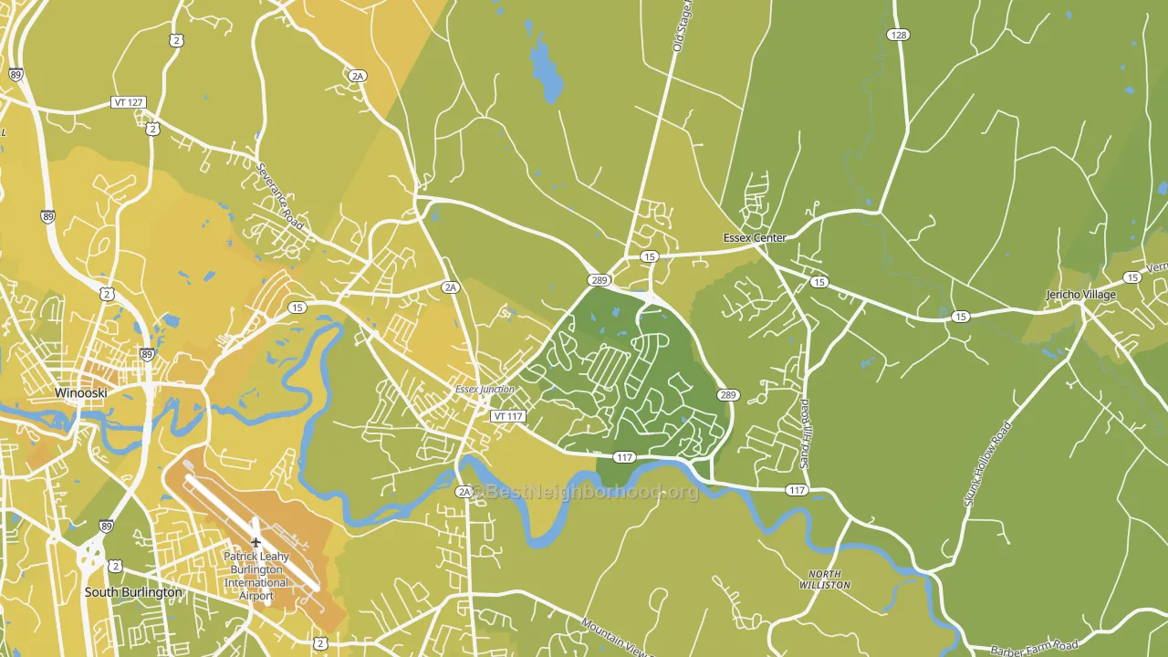 Map of the best neighborhoods in the Essex area, with better matches in green and worse matches in red
