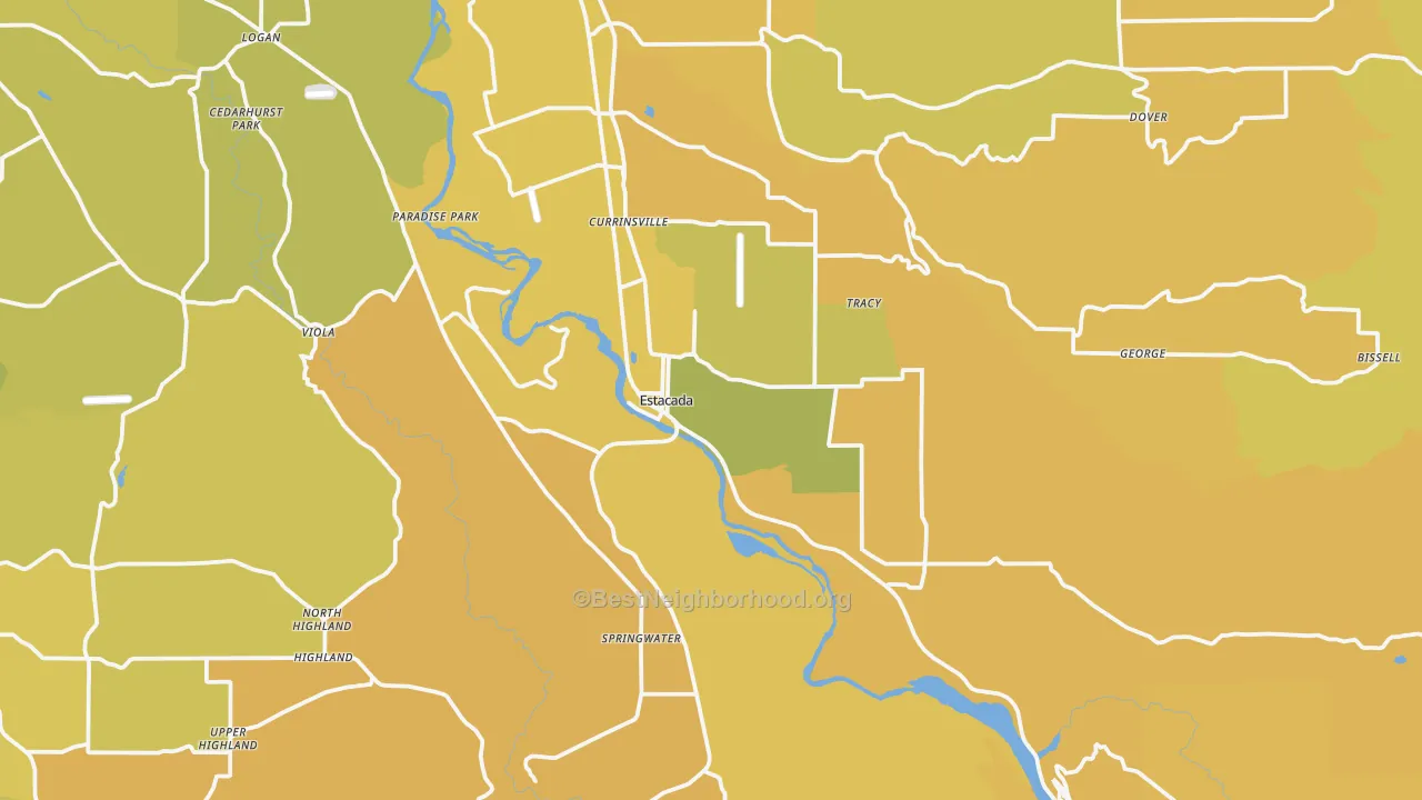 Map of the best neighborhoods in the Estacada area, with better matches in green and worse matches in red