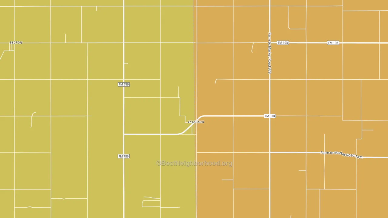 Map of the best neighborhoods in the Estacado area, with better matches in green and worse matches in red