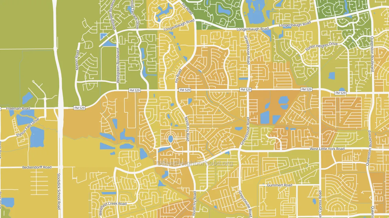 Map of the best neighborhoods in the Estates Of Highland Creek, Katy area, with better matches in green and worse matches in red
