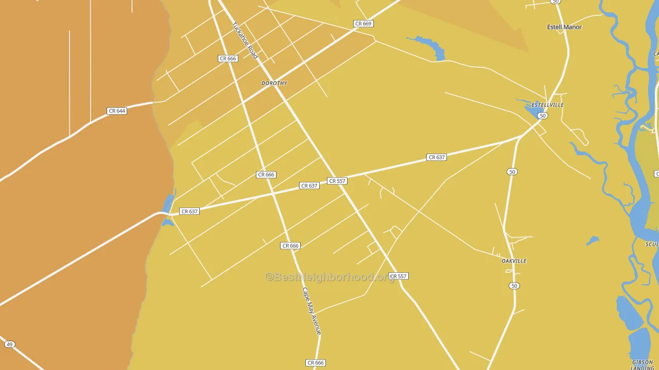 Map of the best neighborhoods in the Estell Manor area, with better matches in green and worse matches in red