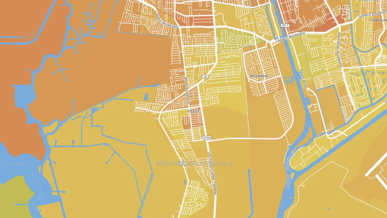 Map of the best neighborhoods in the Estelle area, with better matches in green and worse matches in red