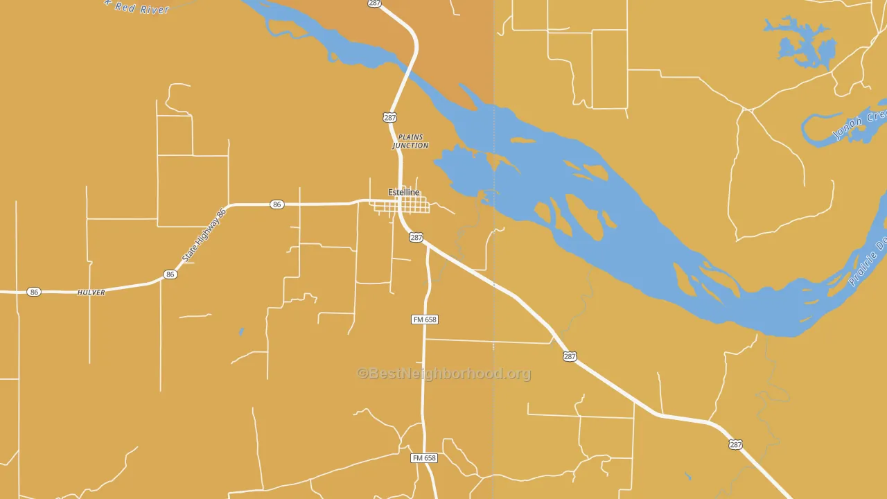Map of the best neighborhoods in the Estelline area, with better matches in green and worse matches in red