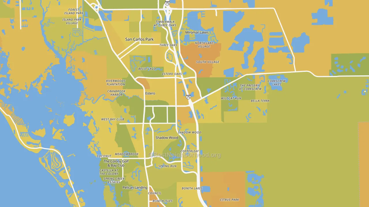Map of the best neighborhoods in the Estero area, with better matches in green and worse matches in red