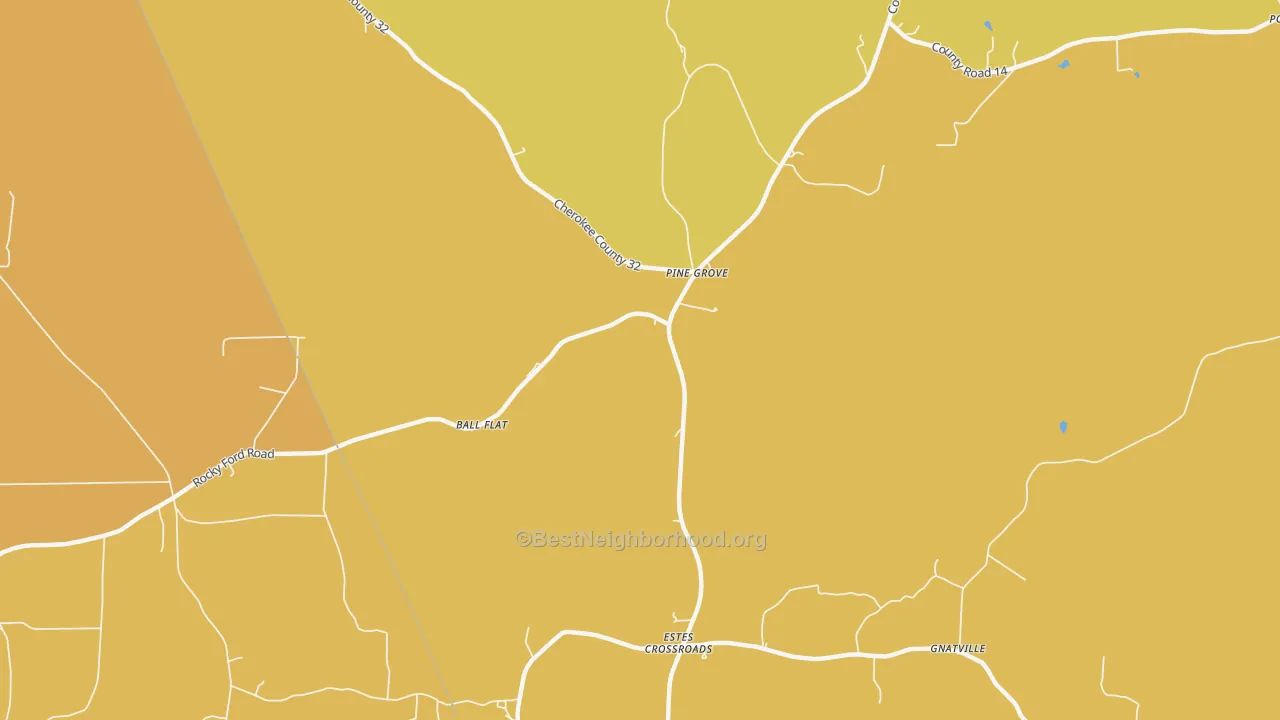 Map of the best neighborhoods in the Estes Crossroads area, with better matches in green and worse matches in red
