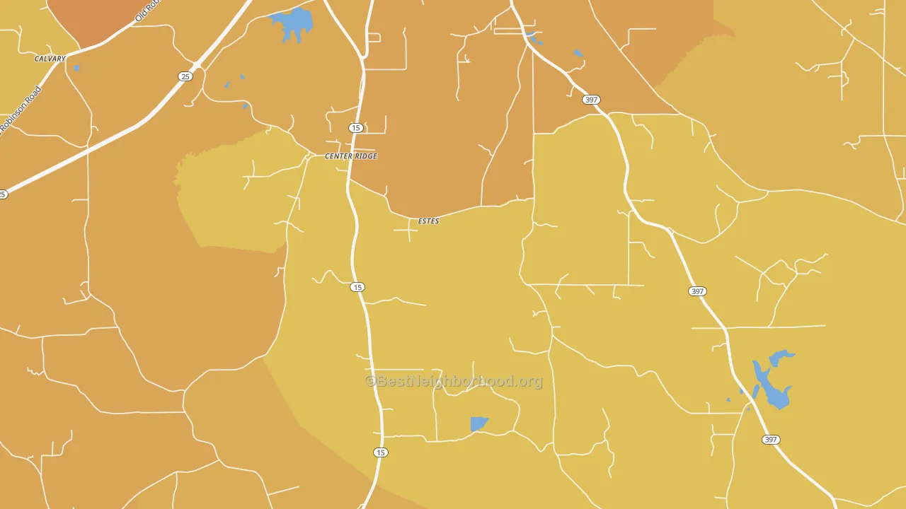 Map of the best neighborhoods in the Estes area, with better matches in green and worse matches in red