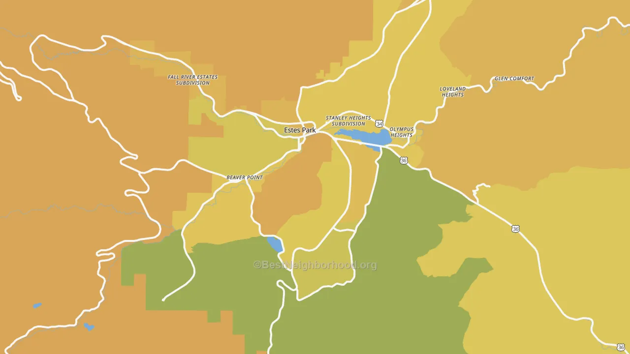Map of the best neighborhoods in the Estes Park area, with better matches in green and worse matches in red