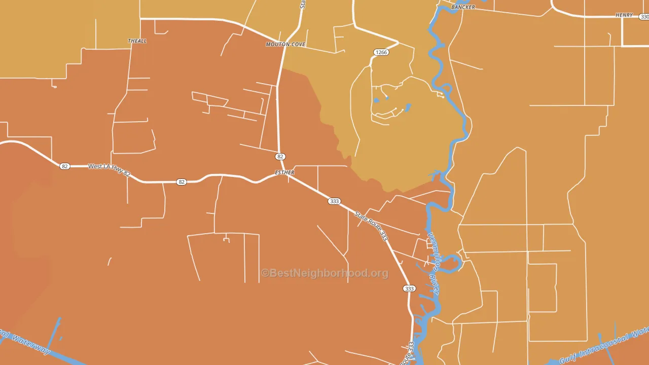 Map of the best neighborhoods in the Esther area, with better matches in green and worse matches in red