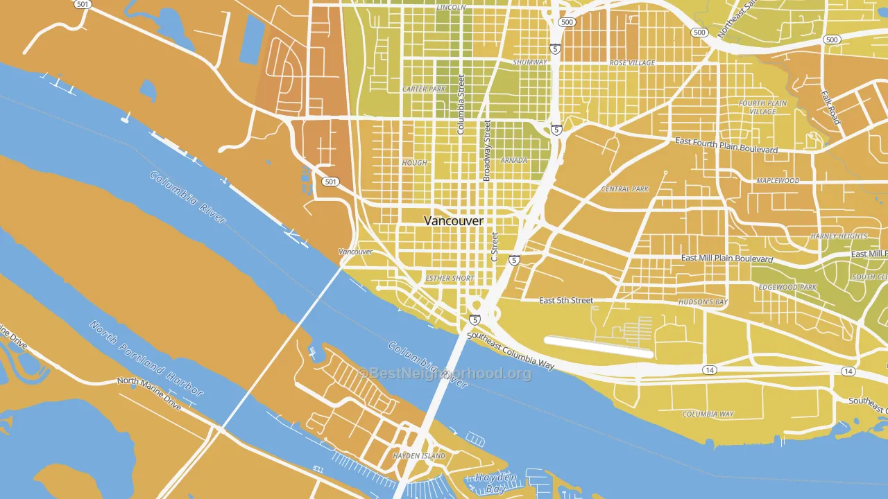 Map of the best neighborhoods in the Esther Short, Vancouver area, with better matches in green and worse matches in red