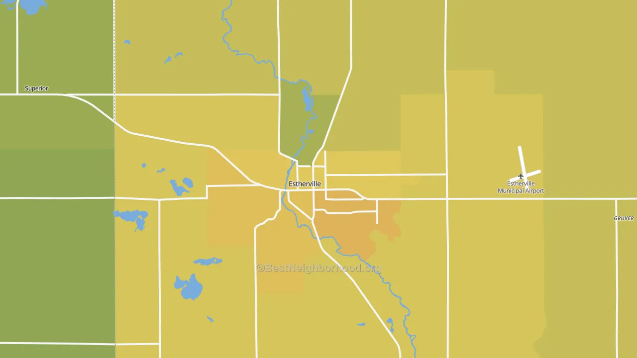 Map of the best neighborhoods in the Estherville area, with better matches in green and worse matches in red