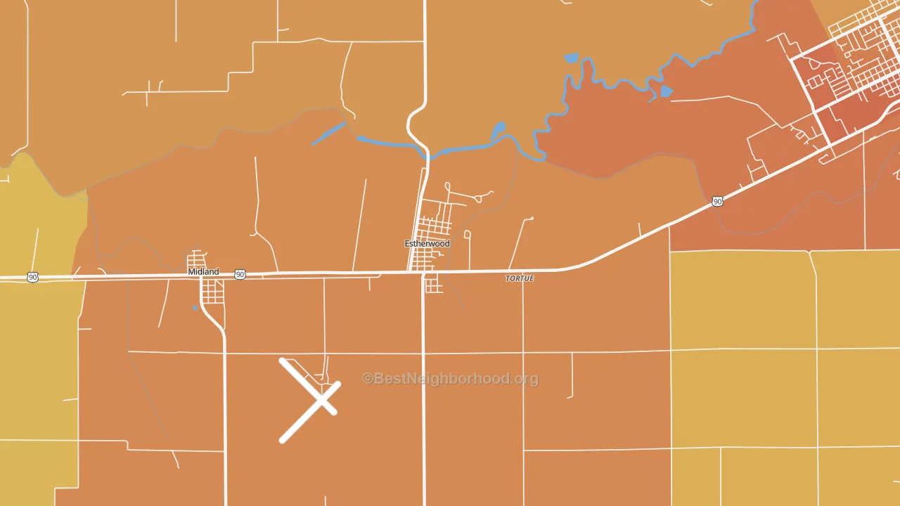 Map of the best neighborhoods in the Estherwood area, with better matches in green and worse matches in red