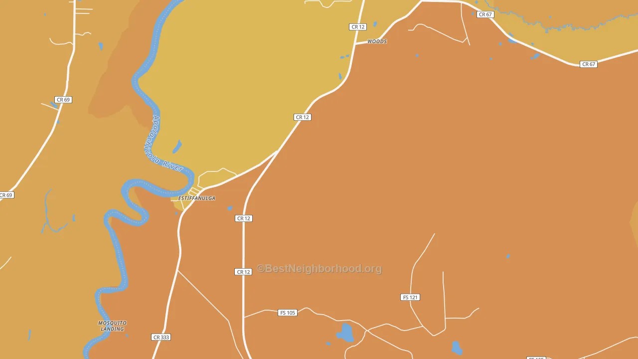 Map of the best neighborhoods in the Estiffanulga area, with better matches in green and worse matches in red