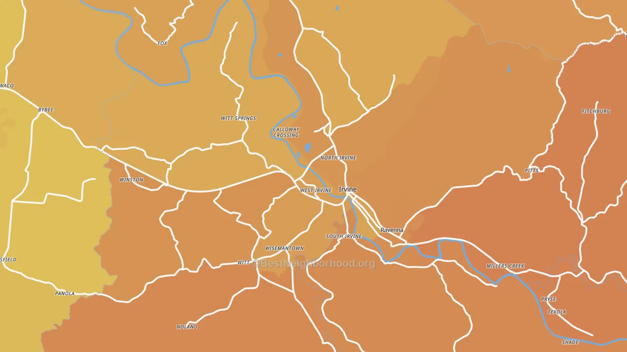 Map of the best neighborhoods in the Estill County area, with better matches in green and worse matches in red