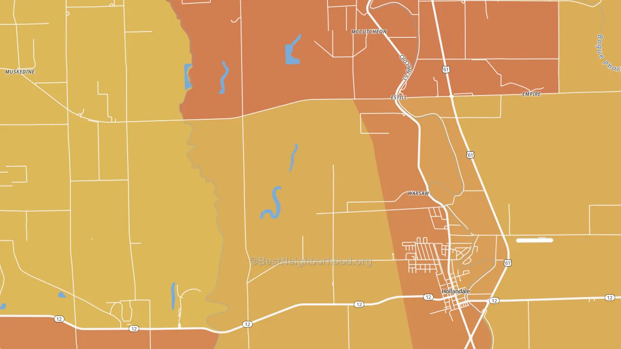 Map of the best neighborhoods in the Estill area, with better matches in green and worse matches in red