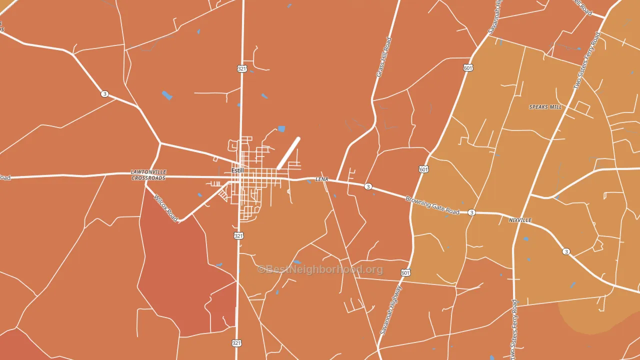 Map of the best neighborhoods in the Estill area, with better matches in green and worse matches in red