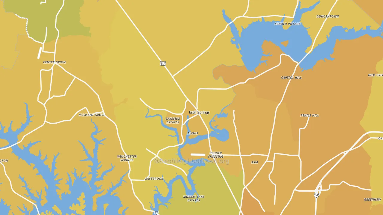 Map of the best neighborhoods in the Estill Springs area, with better matches in green and worse matches in red