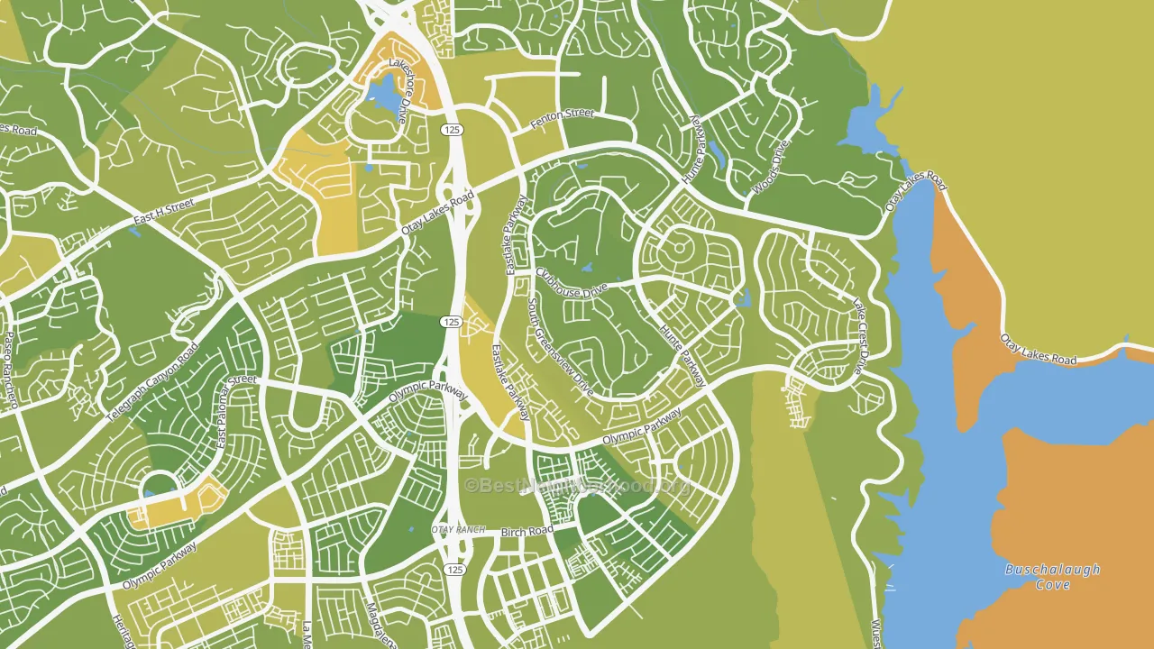 Map of the best neighborhoods in the Estlake Greens, Chula Vista area, with better matches in green and worse matches in red