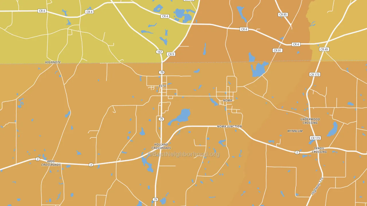 Map of the best neighborhoods in the Esto area, with better matches in green and worse matches in red
