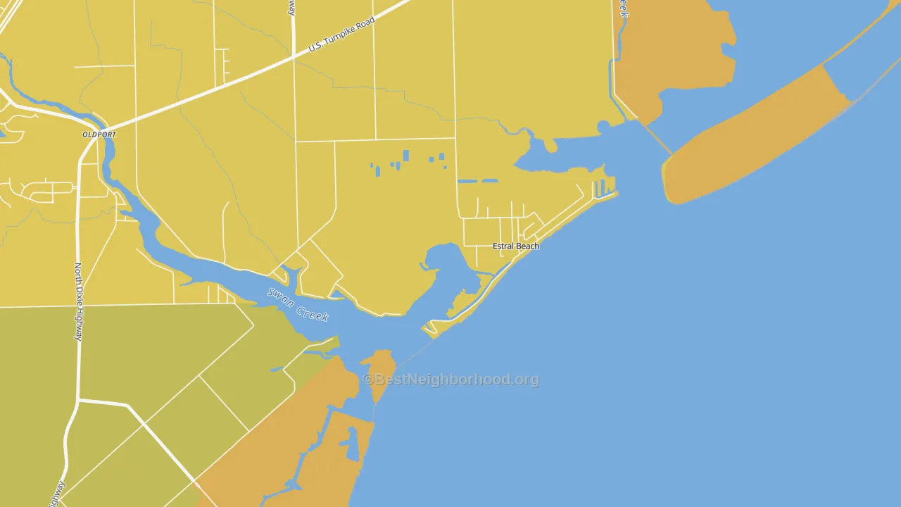Map of the best neighborhoods in the Estral Beach area, with better matches in green and worse matches in red