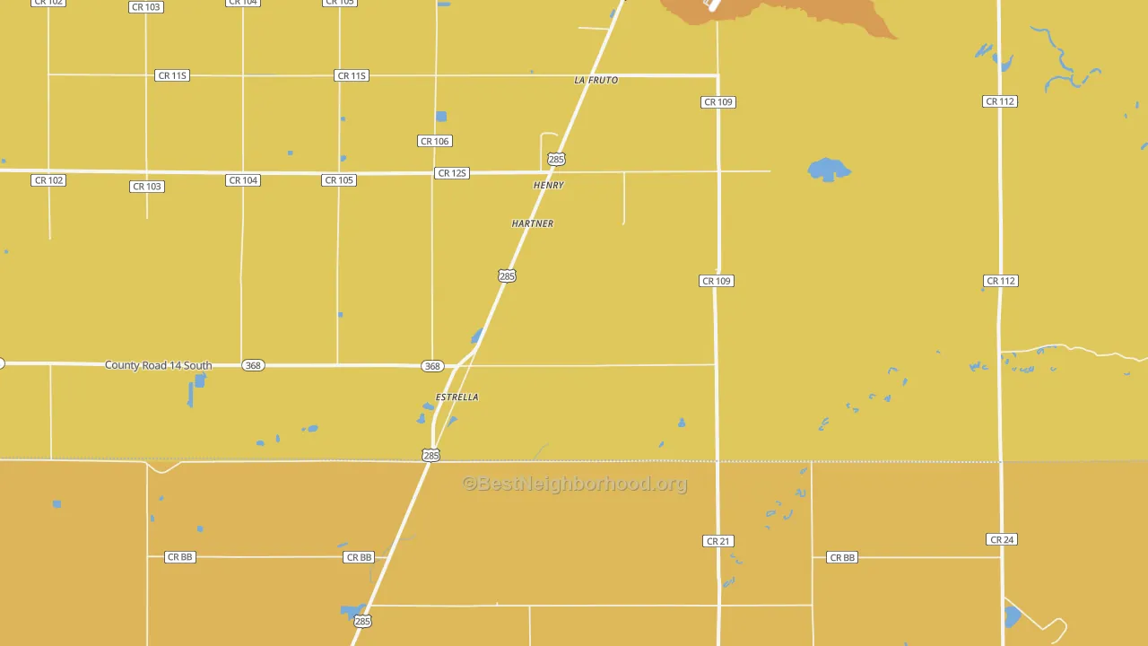 Map of the best neighborhoods in the Estrella area, with better matches in green and worse matches in red