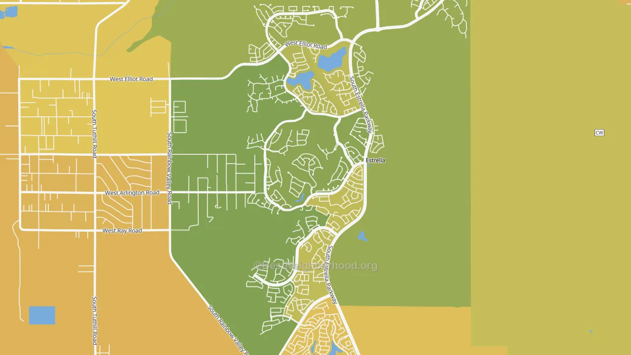 Map of the best neighborhoods in the Estrella-Goodyear, Goodyear area, with better matches in green and worse matches in red