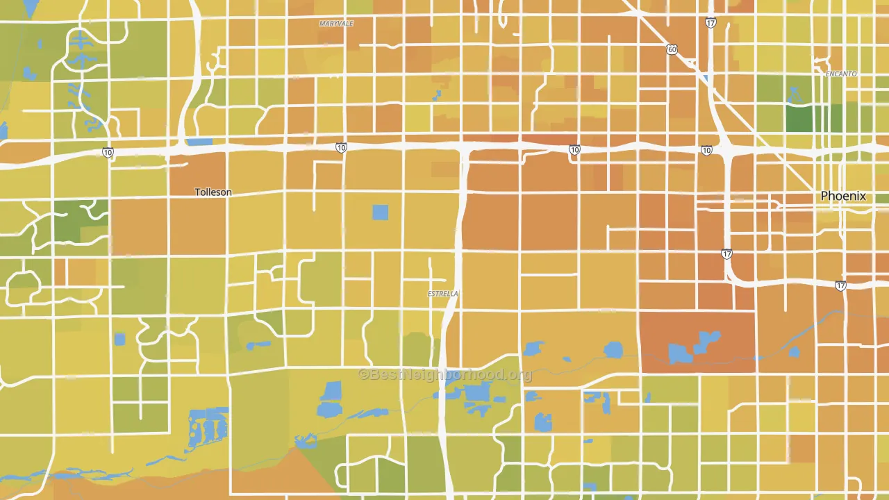 Map of the best neighborhoods in the Estrella, Phoenix area, with better matches in green and worse matches in red