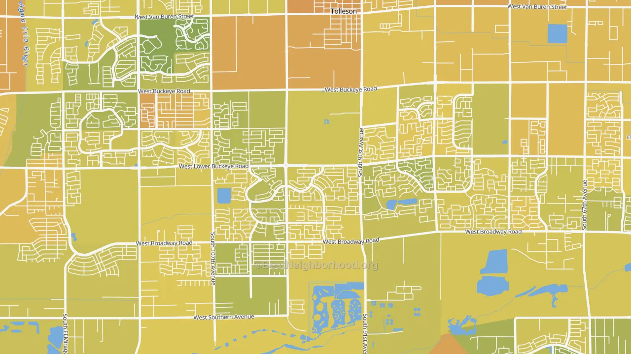 Map of the best neighborhoods in the Estrella-Tolleson, Tolleson area, with better matches in green and worse matches in red