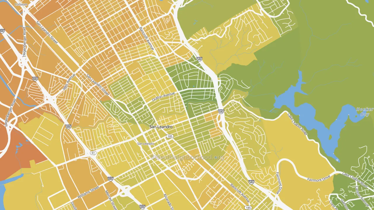 Map of the best neighborhoods in the Estudillo Estates-Glen, San Leandro area, with better matches in green and worse matches in red