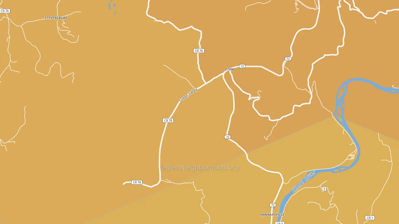 Map of the best neighborhoods in the Etam area, with better matches in green and worse matches in red
