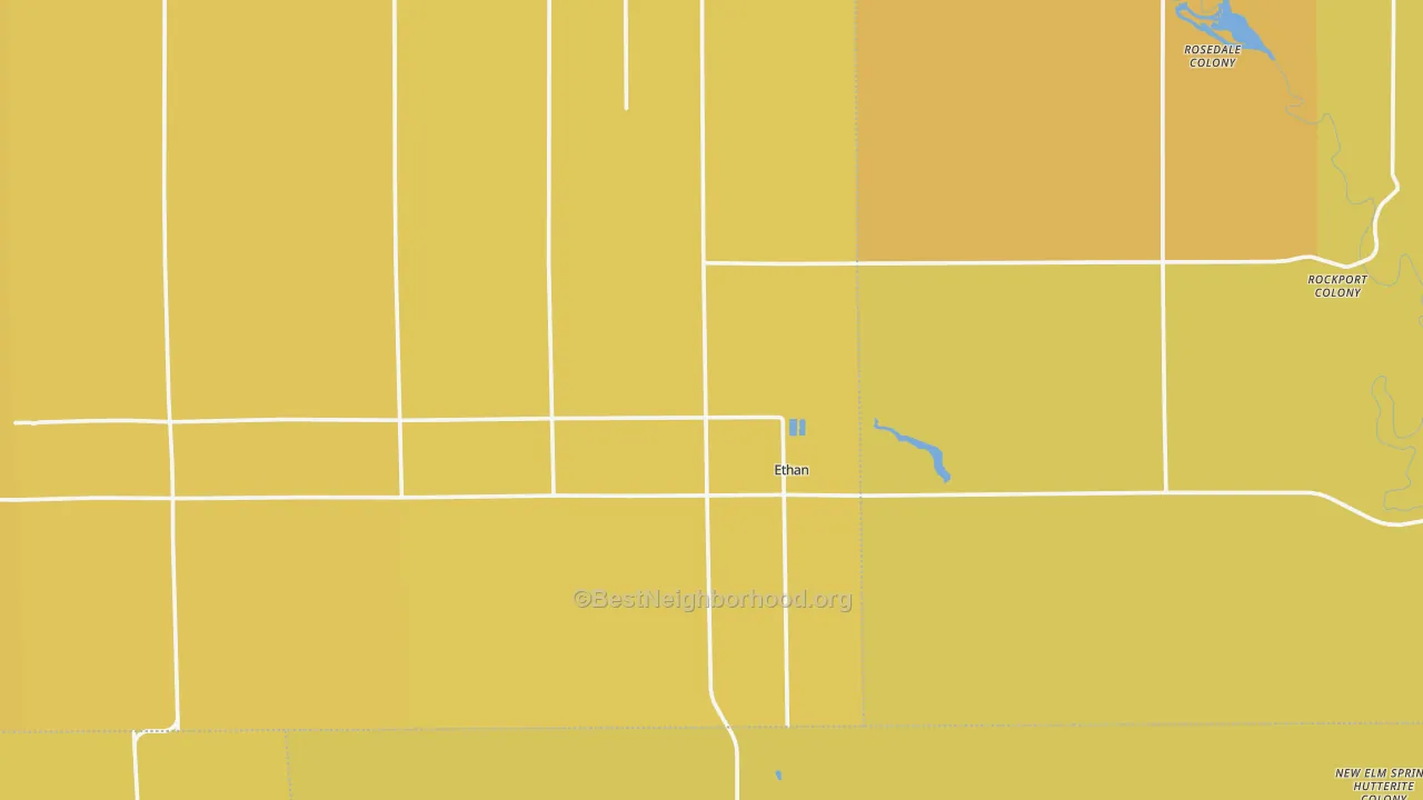 Map of the best neighborhoods in the Ethan area, with better matches in green and worse matches in red