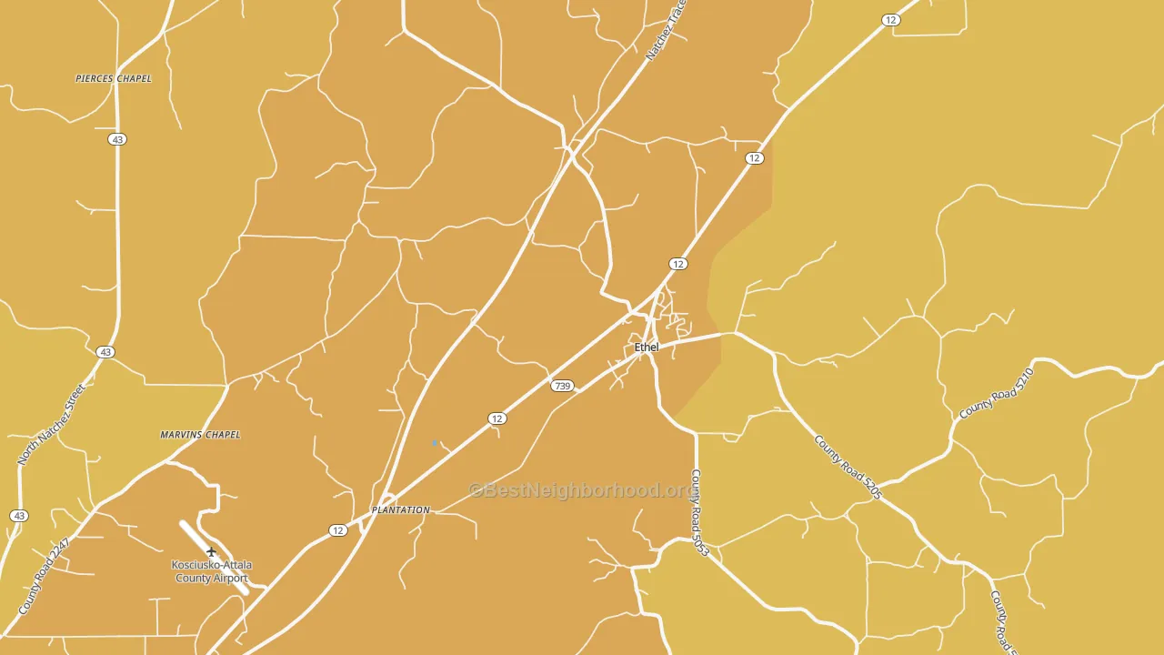 Map of the best neighborhoods in the Ethel area, with better matches in green and worse matches in red