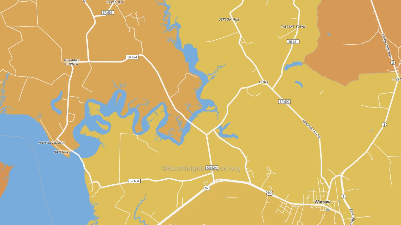 Map of the best neighborhoods in the Ethel area, with better matches in green and worse matches in red