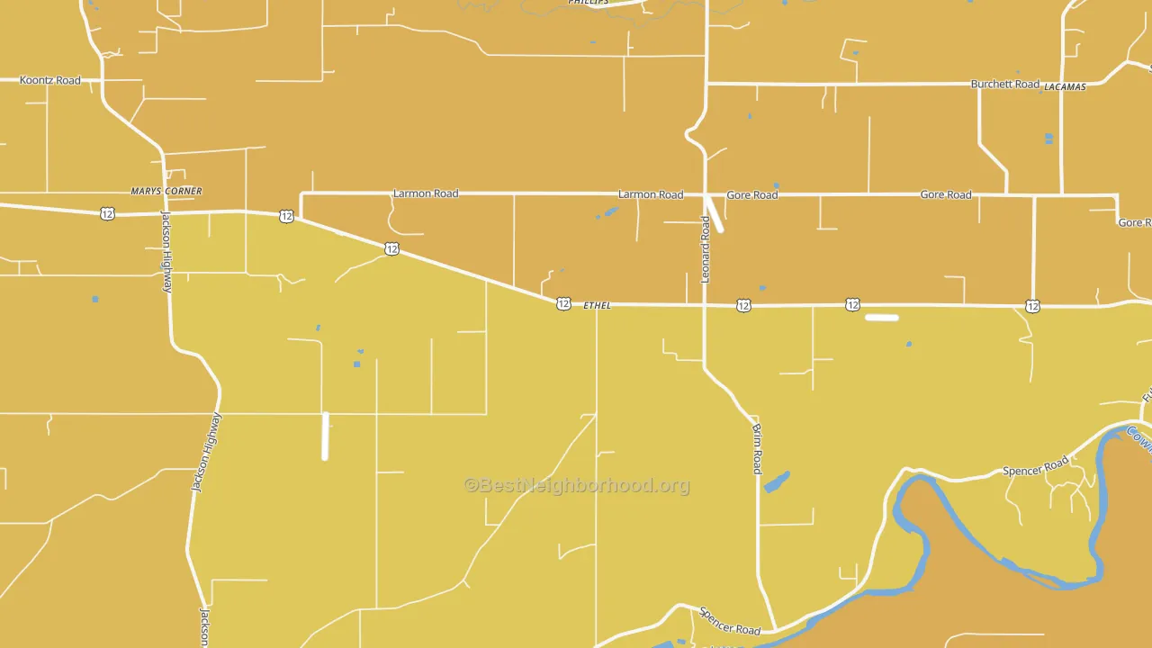 Map of the best neighborhoods in the Ethel area, with better matches in green and worse matches in red