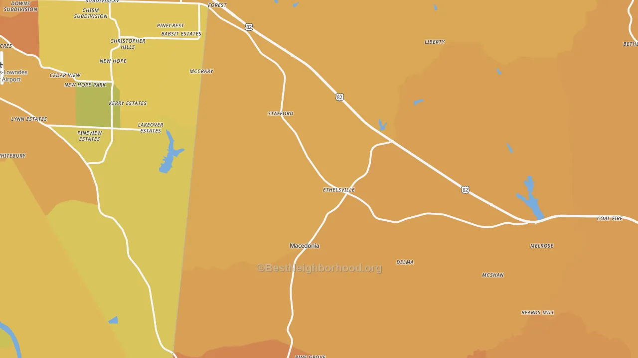 Map of the best neighborhoods in the Ethelsville area, with better matches in green and worse matches in red