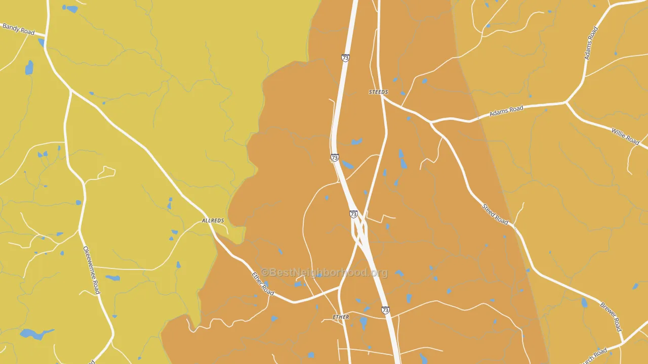Map of the best neighborhoods in the Ether area, with better matches in green and worse matches in red