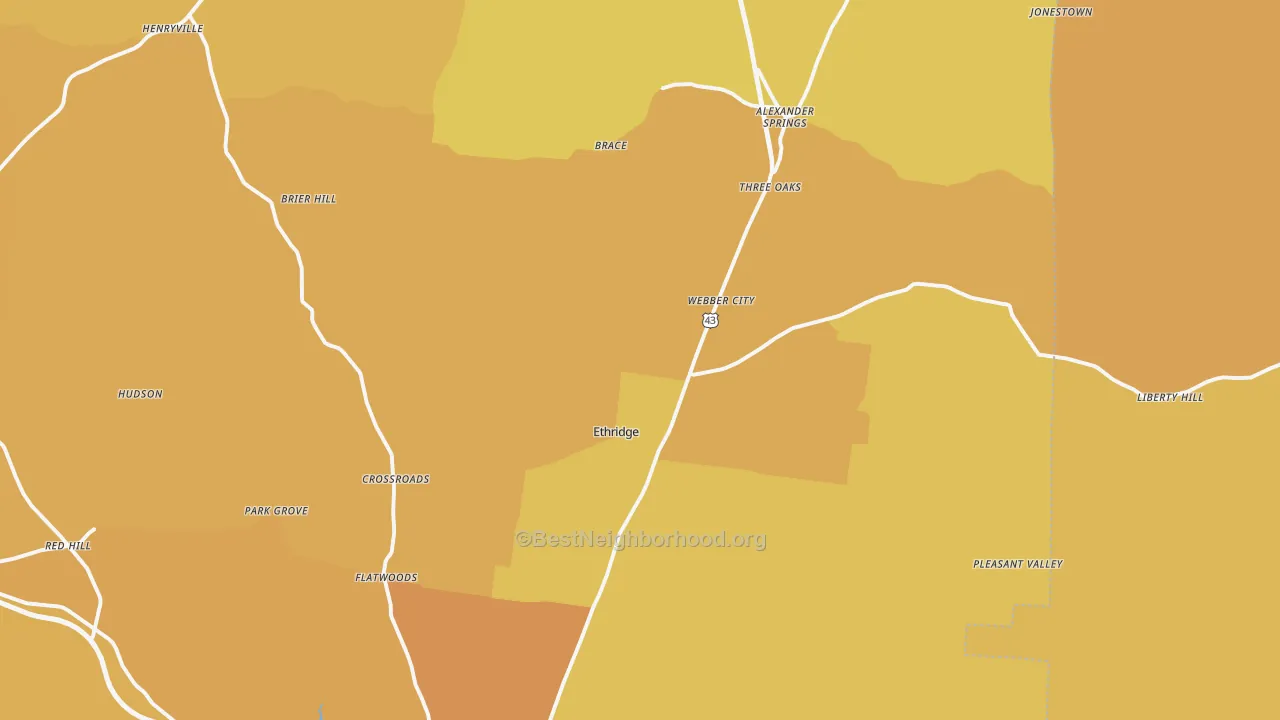 Map of the best neighborhoods in the Ethridge area, with better matches in green and worse matches in red