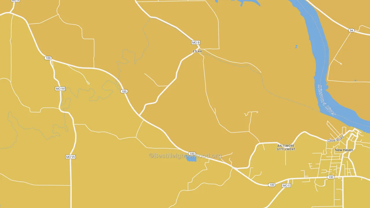 Map of the best neighborhoods in the Etlah area, with better matches in green and worse matches in red