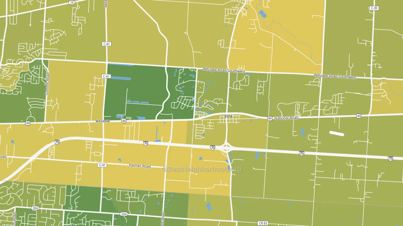 Map of the best neighborhoods in the Etna area, with better matches in green and worse matches in red