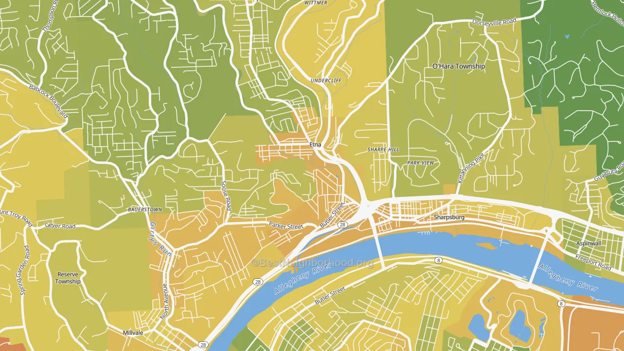 Map of the best neighborhoods in the Etna area, with better matches in green and worse matches in red