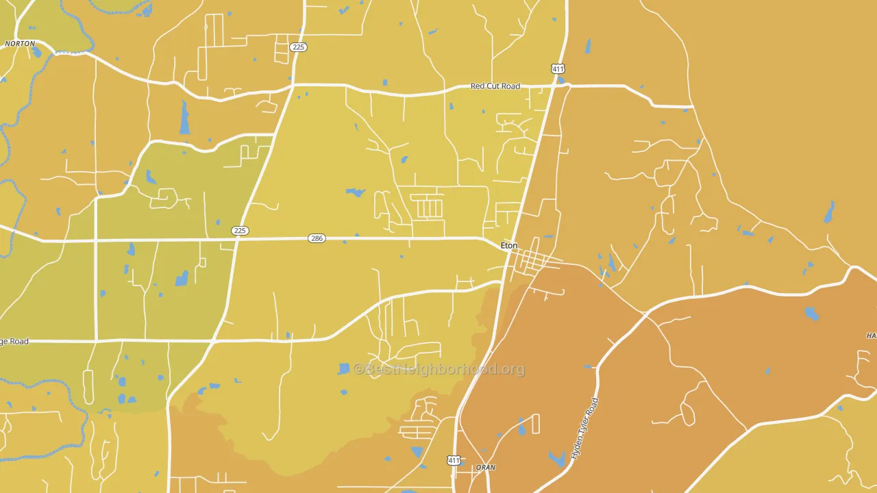 Map of the best neighborhoods in the Eton area, with better matches in green and worse matches in red