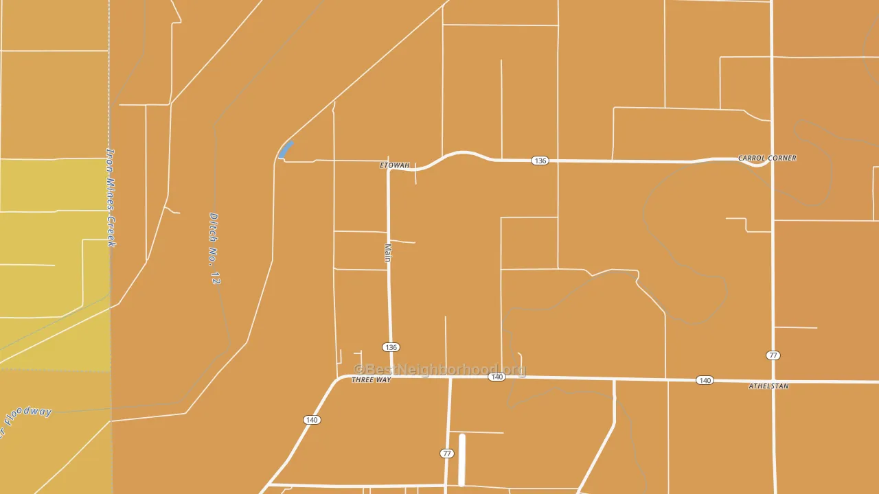Map of the best neighborhoods in the Etowah area, with better matches in green and worse matches in red