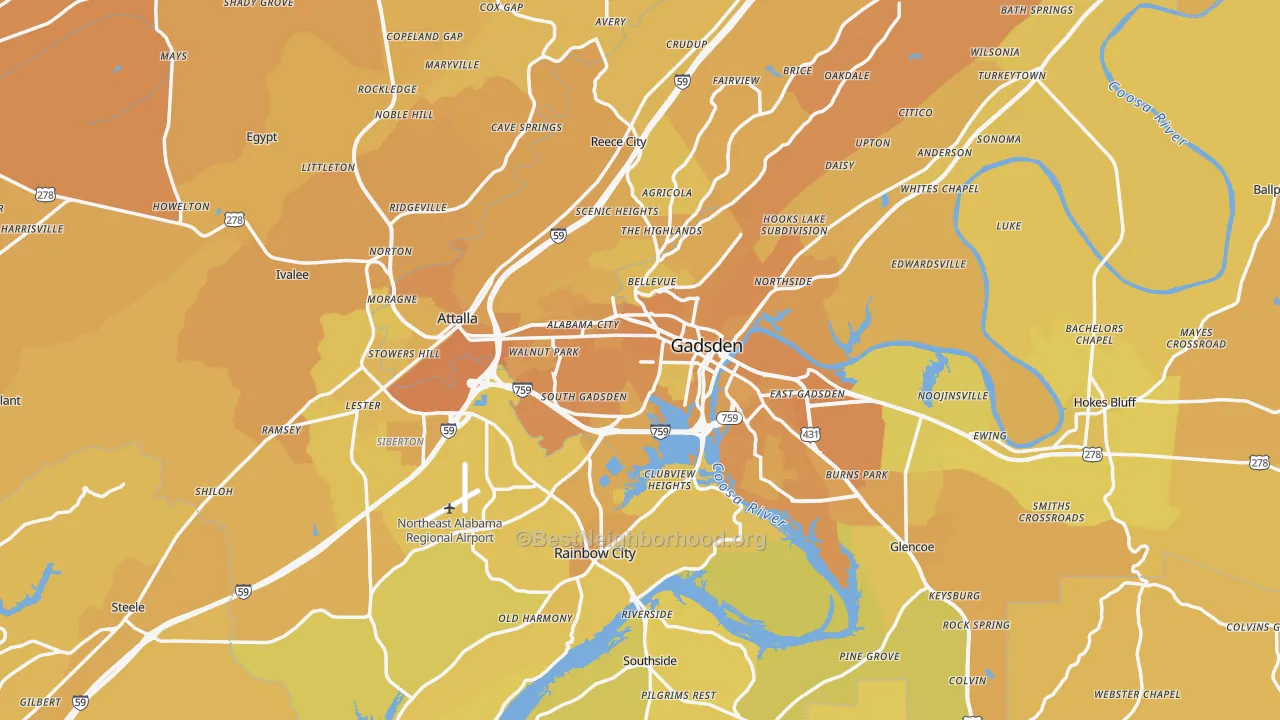 Map of the best neighborhoods in the Etowah County area, with better matches in green and worse matches in red