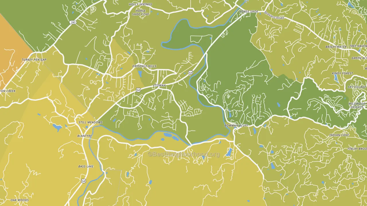 Map of the best neighborhoods in the Etowah area, with better matches in green and worse matches in red