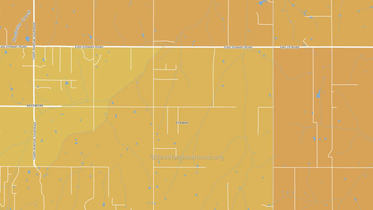 Map of the best neighborhoods in the Etowah area, with better matches in green and worse matches in red