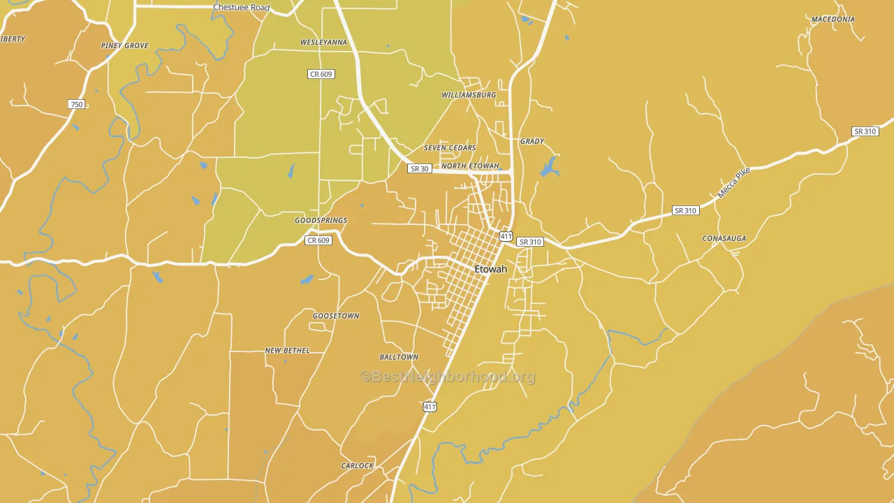 Map of the best neighborhoods in the Etowah area, with better matches in green and worse matches in red